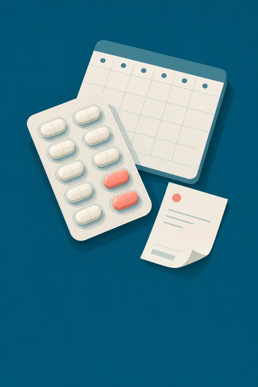 A blister pack card beside a weekly planner and a pharmacy slip