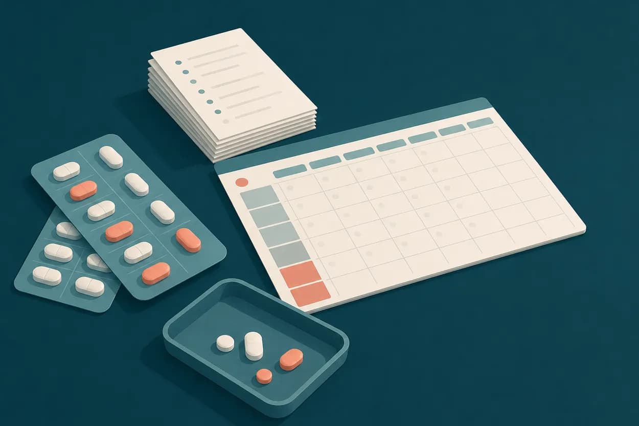 A pharmacy bench with blister pack cards, a weekly planner sheet and a printed list